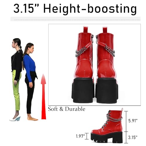 Women's Patent Leather Chain Platform Block Heel Goth Ankle Boots with Side Zipper Fashion Comfortable Round Toe Chunky High Heel Lace Up Combat Boots Y2K Punk Motorcycle Booties4