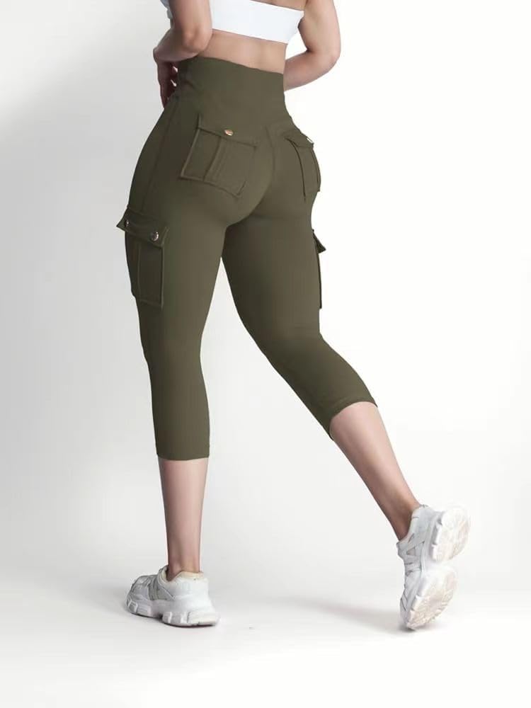 Legginsy cargo Capri z kieszeniami dla kobiet, wysoka talia, kontrola brzucha, marszczenie pośladków, podnoszenie, trening, spodnie do biegania, legginsy modelujące dla kobiet