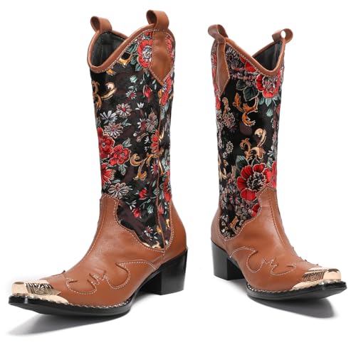 Santimon Men's Western Cowboy Boots | Genuine Leather Wingtip Motorcycle Boots with Embroidery | Pull-On High-Top Dress Boots for Tuxedo/Ballroom/Casual | Vintage Dress Hybrid Style3