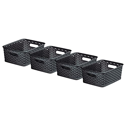 Curver My Style Rattan Effect Storage Baskets Set of 4 for Kitchen Living Room Bathroom Bedroom All Purpose Small Rectangle Plastic 4L Charcoal Dark Grey