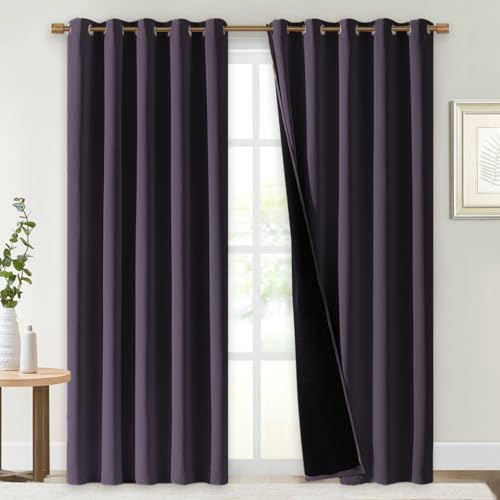 Image of NICETOWN 100% Blackout Window Curtain Panels, Greyish Purple, 2 Pieces, 70 inch Wide Each Panel, Cold and Full Light Blocking Drapes with Black Liner for Nursery, 84 inch Drop Thermal Insulated Draperies