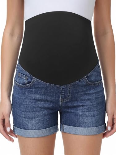 Foucome - Foucome Maternity Jean Shorts - Trendy Rolled Hem Denim Shorts in Dark Blue - Best Deal on Amazon