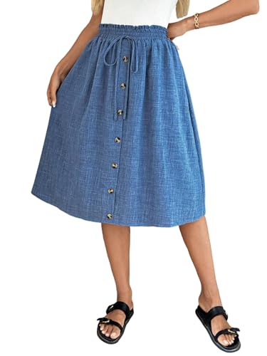 EARKOHA 2025 Skirt for Women Denim A-Line Skirt Autumn Loose Fit Button Midi Skirts Blue S