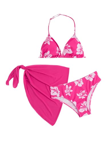 Image of SOLY HUX Girl's Summer Swimsuit Set Floral Halter Triangle Bikini Set with Wrap Skirts Beachwear
