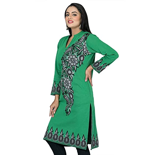 Image of Rosary Women's Winter Wear Embroidered Warm Woolen Straight Full Sleeve Kurti with Pockets