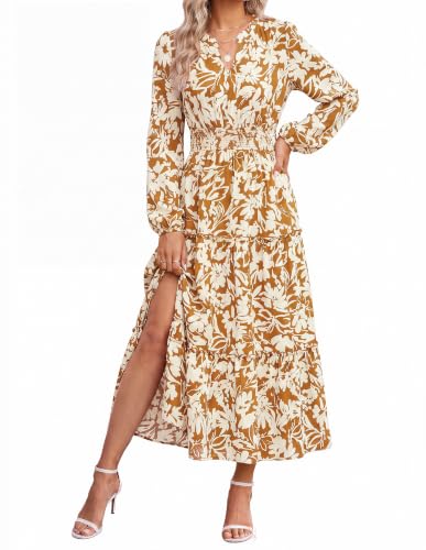 Image of GRACE KARIN Women's Floral Maxi Dress 2026 Fall Long Sleeve V Neck Empire Waist A Line Flowy Dress with Pocket