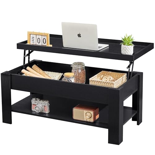 VECELO Lift Top Coffee Table with Storage Shelf and Hidden Compartment for Living Room/Office Reception, Black