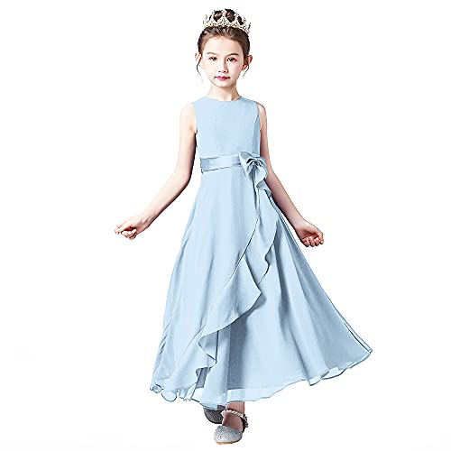 Little Junior Girl Long Bridesmaid Dress Baby Blue Wedding Flower Girls Formal Pageant Party Dresses Chiffon Sleeveless Baby Blue-8 #TOP16