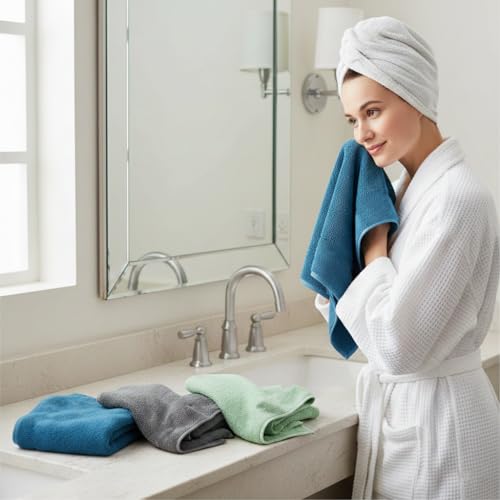 Image of Dribble Microfiber Weft Knitting 400 GSM Hand Towel 40x60 cm | Ultra Soft, Quick Dry, Highly Absorbent | Lightweight & Skin-Friendly Towel for Bathroom, Gym & Travel, Blue & Pista Green (Pack of 4)