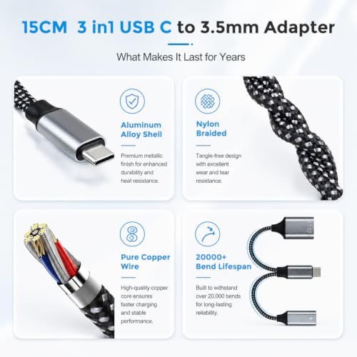 Image of Verilux USB C to 3.5mm Adapter 3 in1 with Charging and DAC Audio