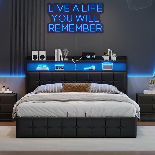 Yeutre Lit Coffre 140x190 avec LED et Ports USB, Lit 2 Personnes avec Rangement et Tete de Lits, Lits Double Rembourré pour Adultes et Adolescents, Noir PU...