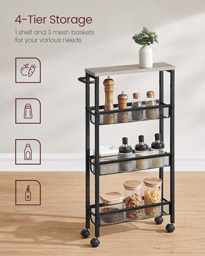 Image of VASAGLE Slim Rolling Cart, 4-Tier Storage Cart, Narrow Cart with Handle, 5.1 Inches Deep, Metal Frame, for Kitchen, Dining Room, Living Room, Home Office, Heather Greige and Classic Black ULRC032K01