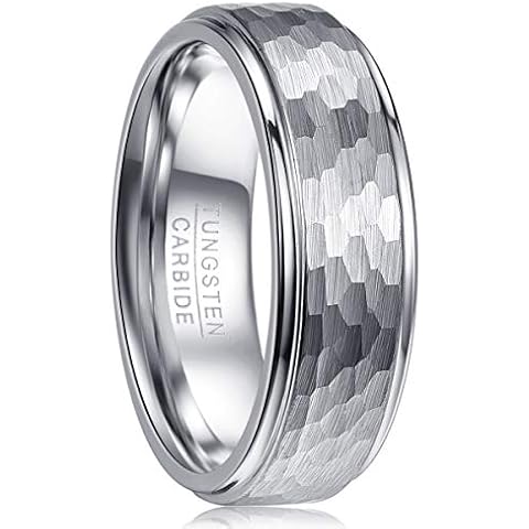 VAKKI 8mm Hammered Tungsten Rings Brushed Finish Promise Rings for Him Polished Step Edge Size T 1/2 Cover