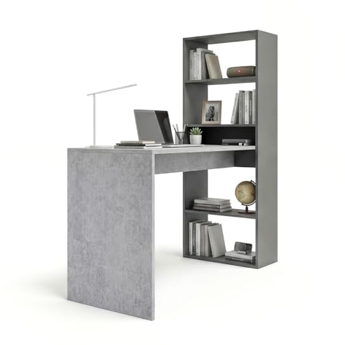duehome | Escritorio Juvenil con Estanteria Reversible, Mesa de Ordenador, Modelo Cosmic, Acabado en Gris Antracita y Cemento, Medidas: 120 cm (Largo) x 53 cm (Ancho) x 144 cm (Alto)