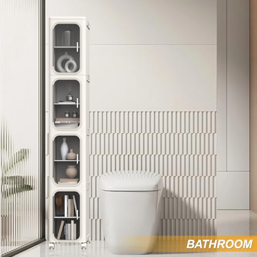 Image of 4-Tier Slim Tall Bathroom Cabinet, Plastic Narrow Cabinet with Doors and Shelves, Floorstanding Skinny Cabinets with Wheels