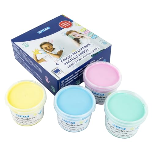 Stylex 28953 - Colori a dita per bambini, 4 x 100 ml in giallo, rosa, blu verde, colori a dita in colori pastello,...