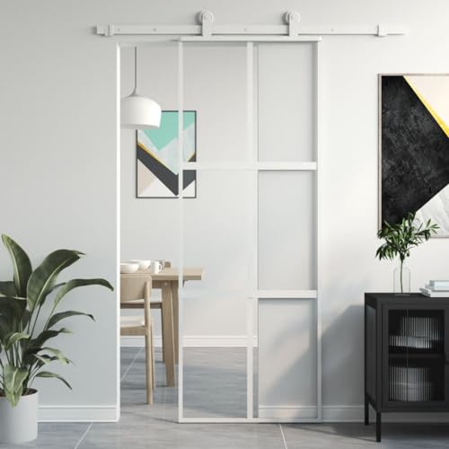 Gecheer Puerta corrediza, kit de montaje, de vidrio ESG y aluminio, blanco y transparente, 76 x 205 cm, con rejillas 3 x 2, puertas correderas, puerta corredera de vidrio y aluminio