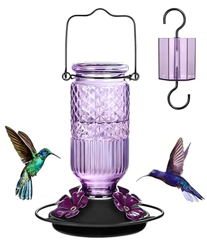 FEED GARDEN Glass Hummingbird Feeder for Outdoors Hanging 16 oz Leak-Proof Nectar Feeder with Bee Guards & Ant Moat 4 Metal Flower Feeding Ports 360 Perch Ring Easy Refill & Clean Purple