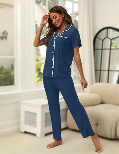 Image of HNG Women Pajamas Set 2 Piece Button Up Pajamas Pant and Short Sleeve Shirt for Woman Pj Sets with Pocket