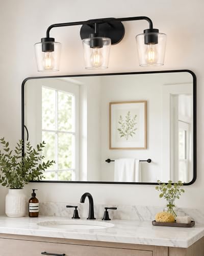 Image of 3-Light Matte Black Bathroom Light Fixtures, AD-22004-3W-BK-C | Bathroom Vanity Lights Over Mirror with Clear Glass, Modern Vanity Lighting Fixtures