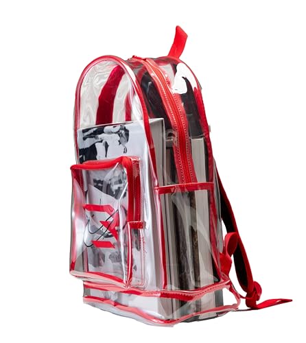 Image of Nike 3Brand Clear Backpack - Red - One size (23L) | See through school bookbag for boys, girls, men, women. Zip main compartment, side mesh bottle pocket, padded shoulder straps