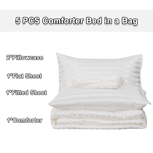 Yearning 5Pcs White Silk Stripes Soft Comforter Set Sexy Luxury Ultra Soft Microfiber Bedding, Light Weighted Quilt King, Fitted Sheet, Flat Sheet With 2 Matching Pillow Bed-In-Bag #TOP2