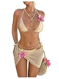 OYOANGLE Women's 3 Piece 3D Floral Cheeky Bikini Set Triangle String Thong Swimsuit with Cover Up Skirt Gold Large