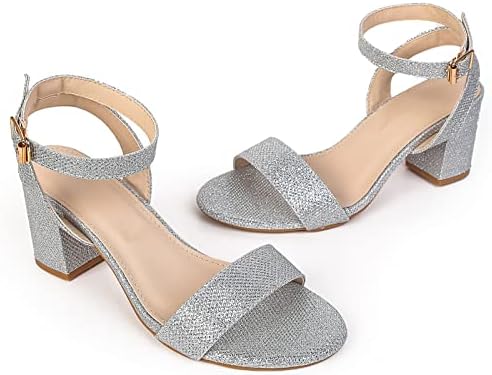 DADAWEN Women's Silver Glitter Open Toe Ankle Strap Low Block Chunky Heels Sandals Party Wedding Bridal Dress Pumps Shoes Silver US Size 6.5 | Image 3