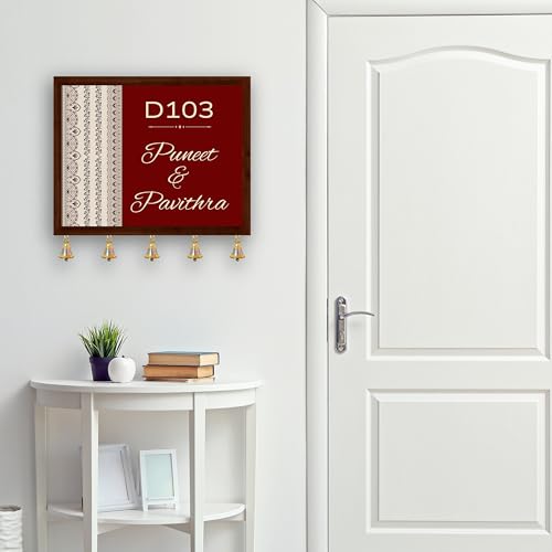 Image of Customised Name Plate for Home Entrance | Wooden Door Name Plate with Brass color Bell & Matte Finish for Home Decor | Personalized with Name & Apartment Number | 10x14 inch | Housewarming Gift