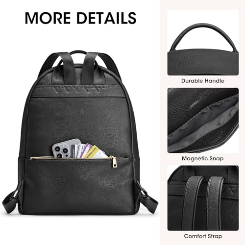 Image of Kattee Leather Backpack for Women with Back Zipper Pocket, Black | Back zipper pocket for easy access to cards and essentials on the go.