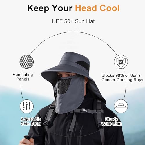 TAGVO Chapeaux de Pêche pour Hommes Femmes, Chapeau Randonnée avec Protection Cou Visage Chapeau De Soleil de UPF 50+ Pliable Chapeaux de Safari Bucket Hat - Sangle de Menton Réglable – vue 7