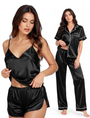 Image of SWOMOG Womens Silk Satin Pajamas Sets 4pcs Sleepwear Sexy Cami Shorts Set and Button Down Short Sleeve Pjs Loungewear