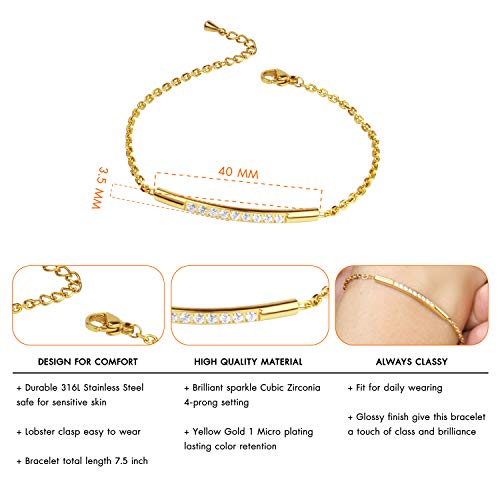 555Jewelry Womens Girls Minimalist Sparkly Cz Cubic Zirconia Cylinder Bar Stainless Steel Adjustable Chain Bracelet Bangle Fashion Accessory Jewelry Bracelets, Yellow Gold 7.5 Inch #TOP2