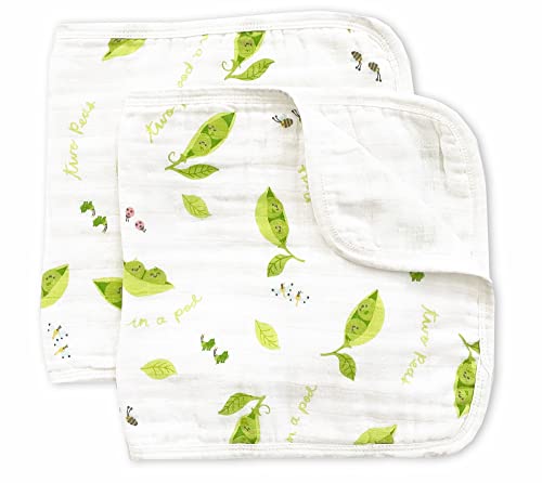 Burp Cloths for Twins, 2 Pack, 100% Soft Cotton Muslin, Oversized, Super Absorbent (Two Peas in a Pod Print)