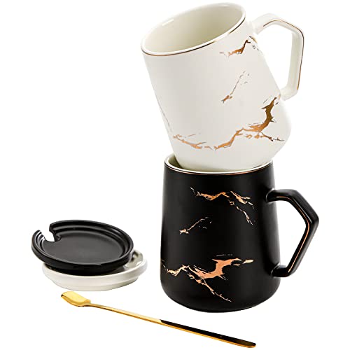ZENFUN 2 Pack Ceramic Mug Set for Couple, Coffee Mugs with Gift Box, Engagement Wedding Gift 13.5 oz Porcelain Mug Set with Lid and Gold Spoon Marbling, His and Hers, Christmas( Black&White) - Image 5