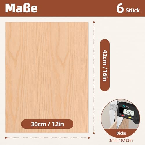 ROWOOD Rotes Eichenfurnier Sperrholzplatten 6PCS 420x300x3mm A3 Lasergravur Materialien Sperrholzplatte für den Modellbau DIY Holzhandwerk Ideal für Laserschneiden Holz Brennen