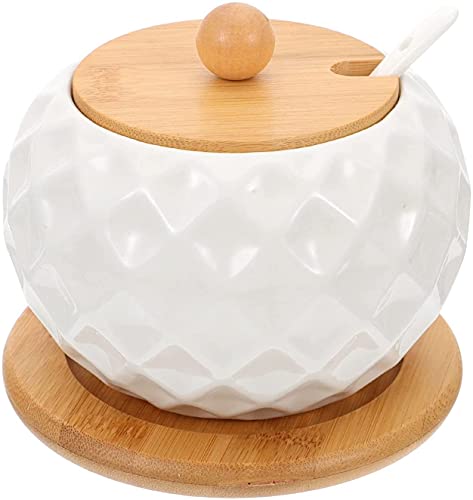 MAGICVOGEL Keramik Gewürzgläser Weiß Zuckerdose Salzdose mit Bambusdeckel und Löffel Gewürzbehälter für Haus Küche Esstisch (Type-2)