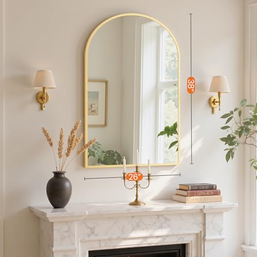 Image of Sweetcrispy 26.5 inchx38 inch Arched Gold Bathroom Mirrors for Wall, Bathroom Mirrors for Over Sink, Metal Framed with HD Shatter-Proof Glass for Entryway, Living Room, Bedroom, Home Decor