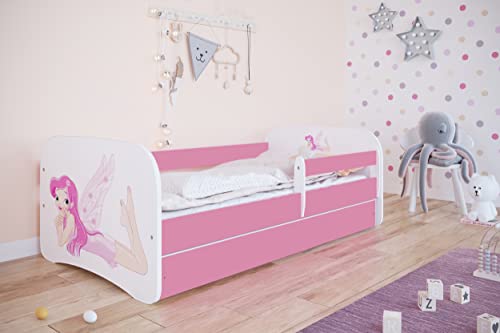 Bjird Kinderbett Jugendbett 70x140 80x160 80x180 Rosa mit Rausfallschutz Schublade und Lattenrost Kinderbetten für Mädchen - Fee mit Flügeln 180 cm