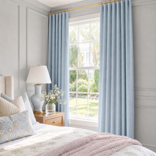 Image of INOVADAY 100% Blackout Curtains for Bedroom, Chambray Blue Black Out Curtains 90 Inch Long, Clip Rings Linen Blackout Drapes, Thermal Insulated Room Darkening for Living Room, 2 Panels - W50xL90