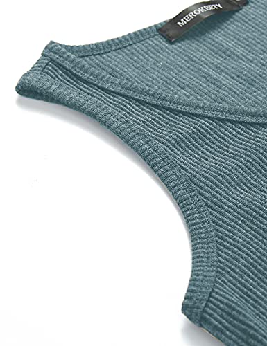Merokeety Womens V Neck Tank Tops Summer Sleeveless Ribbed Button Casual Henley Shirts Blue #TOP4
