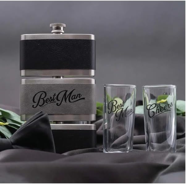 Wedding Flask - Best Man, With 2 Oz Coordinating Shot Glass