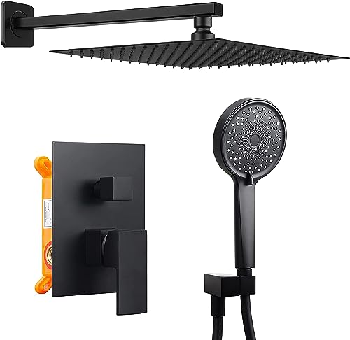 Concealed Shower Mixer Set with Rain Shower, Adjustable Temperature Control, Matte Black Finish, 30cm Overhead Spray & Anti-Leak Stainless Steel Hose - Easy Install Bathroom System