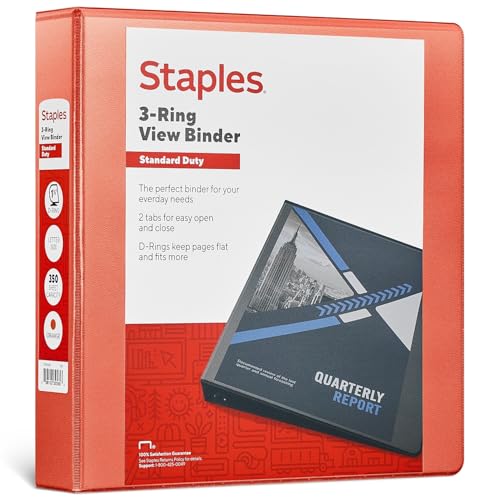 Staples Standard 1.5-Inch 3-Ring View Binder Holds Up to 350 Sheets Orange Durable Binder for Office & School