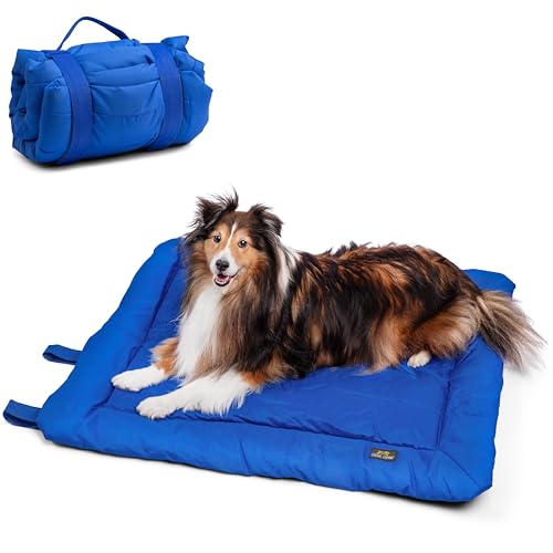 CANINE CANYON 旅行用犬用ベッド、折りたたみ式、防水、洗濯機洗い可能なペット用クレートマット 中型犬用ポータブル屋内/屋外ペットベッド キャンプ、公園、自宅用、ダークブルー（Amazon）