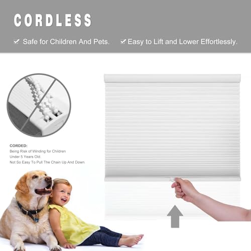Changshade Cordless Light Filtering Cellular Shades for Indoor Windows Doors, Pull Down Honeycomb Blinds Thermal Insulated 1.5 Inch Accordion for Home, Bedroom, Bathroom, Nursey,22" W×64" H, White — view 3