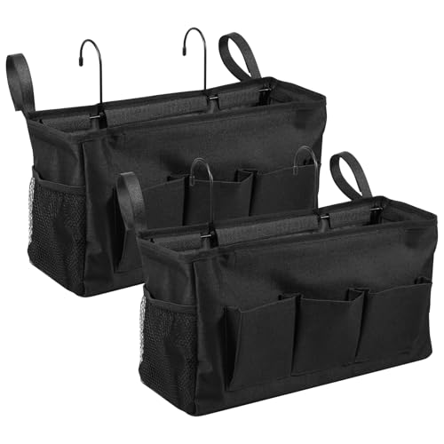 YMKWZ 2 Pack Bedside Caddy, Large Capacity Bedside Storage Organizer with Metal Hook Adjustable Strap, Oxford Cloth Hanging Storage Bag for Bedroom, Kitchen, Office, Hospital and RV Camper