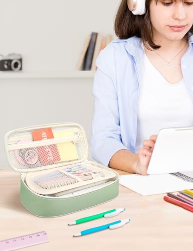 Image of SUNEE Cute Pencil Case, Aesthetic Pen Pouch, Colored Large Pencil Bag with Zipper, Kawaii Stationery Storage and Organizer, Green School Supplies for Teen and Adult Girls