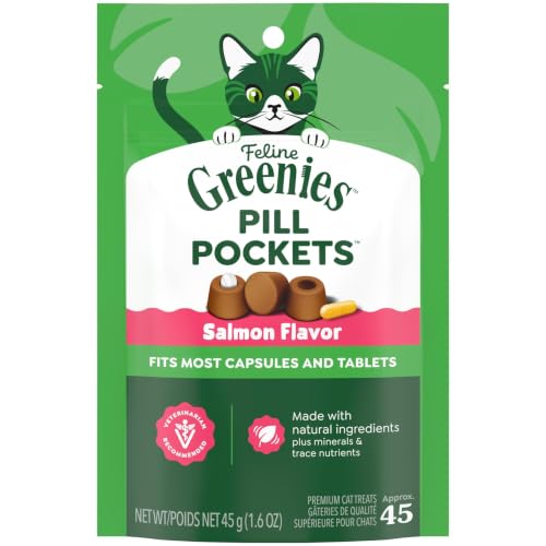 Greenies Feline Pill Pockets for Cats Natural Soft Cat Treats Salmon Flavor 1.6 oz. Pouch (45 Treats)