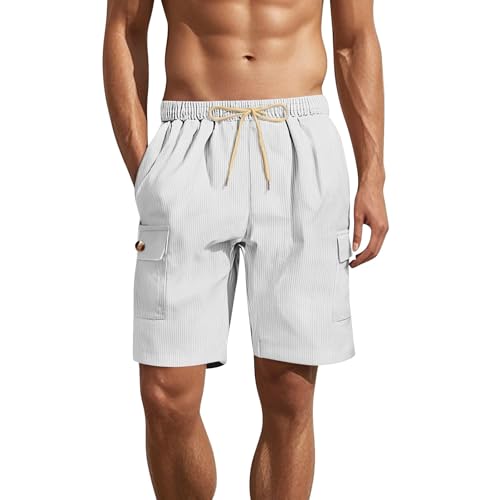 Vhersily Pantalones cortos deportivos para hombre de cintura media, de algodón y lino cargo, pantalones cortos de verano, pantalones cortos de cintura elástica con bolsillos, anchos, informales de